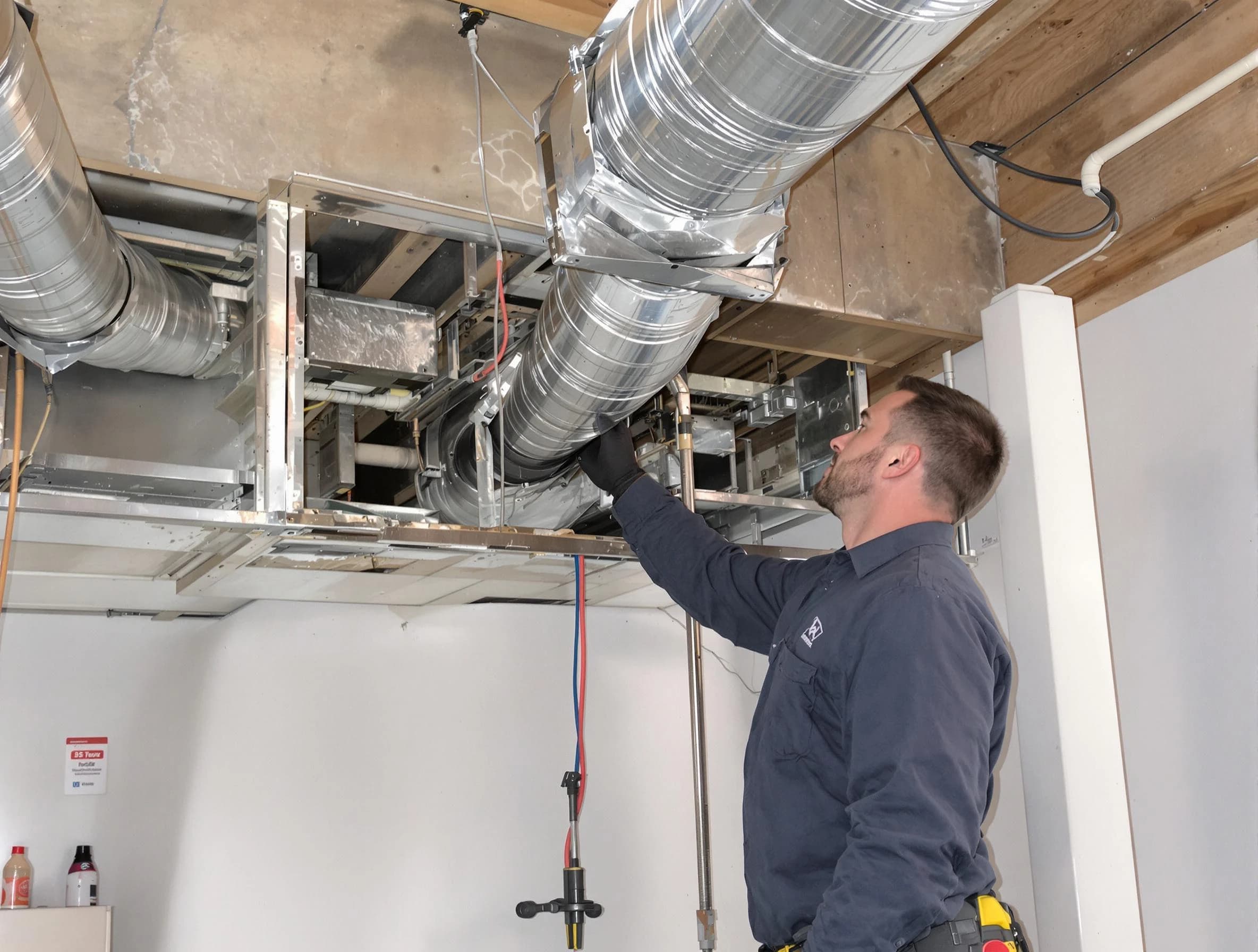 Sandy Springs Air Duct Cleaning technician performing professional air duct repair using specialized tools in Sandy Springs